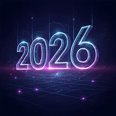Futuristic glowing neon 2026 numbers on a dark digital technology background with light trails and grid patterns.