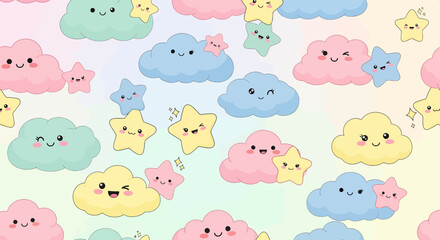 Fototapeta premium Whimsical Pastel Clouds and Cute Stars Seamless Pattern - Adorable Kawaii Design for Kids and Baby Products