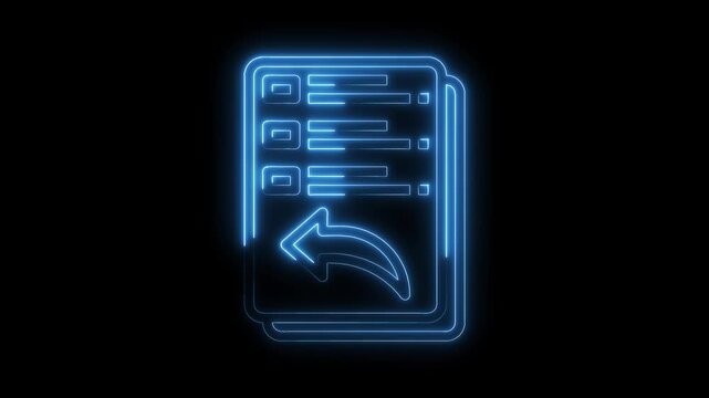 Glowing blue neon documents with arrow moving backward on black background