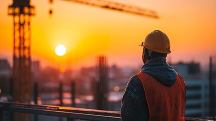 Worker overseeing building development during golden hour 