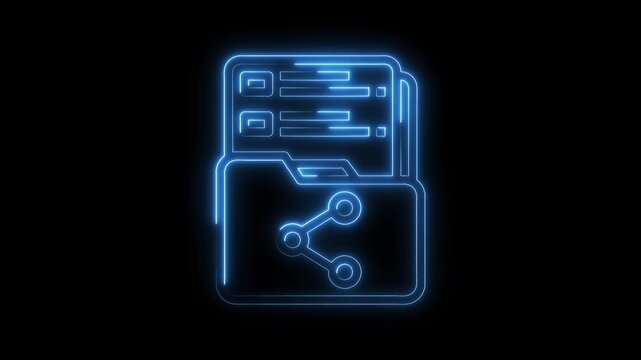 Glowing neon folder with share icon animation on black background for presentations