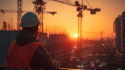 Worker overseeing building development during golden hour 