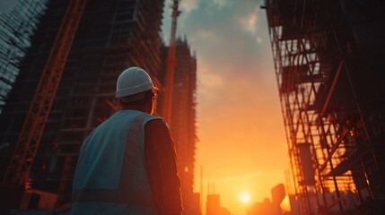 Worker overseeing building development during golden hour 