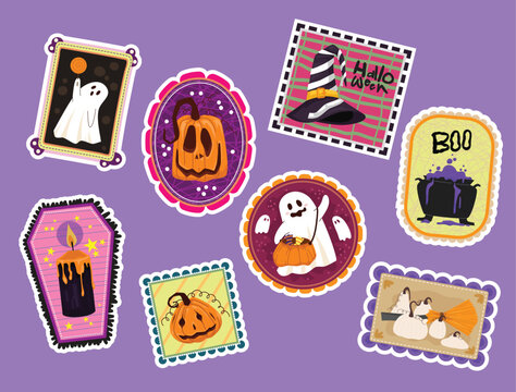 Collection of Halloween themed cartoon stickers arranged on a purple background. Hand drawn vector design