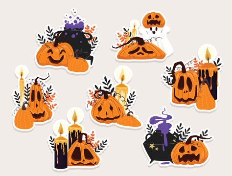 Collection of Halloween themed cartoon stickers arranged on a purple background. Hand drawn vector design