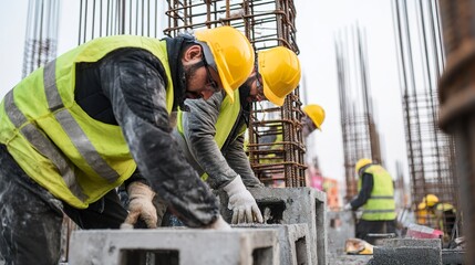 Workers in safety gear inspecting reinforced concrete pillars during foundation stage 