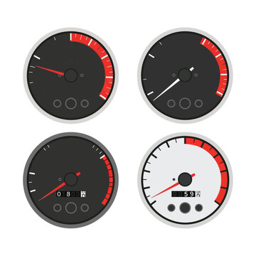 Set of four circular car dashboard speedometer and tachometer gauges with red indicators.