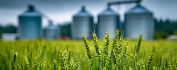Green wheat field with grain silos in soft background, calm overcast sky and closeup stalks conveying rural harvest atmosphere