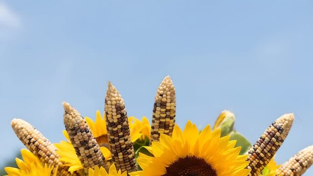 Sunflowers and Indian corn mix. Autumn harvest decoration, agriculture, Thanksgiving backdrop, farm fresh produce, floral arrangement, colorful corn, fall decorations, plants.