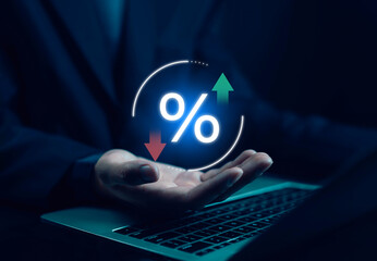 Finance and business concept with interest rate, percentage growth, investment risk, and economic market trend showing up and down arrows for banking, trading, and financial analysis.