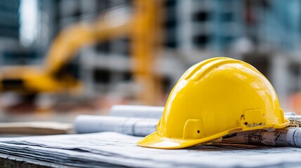 Yellow hard hat placed on building blueprints in active construction zone  