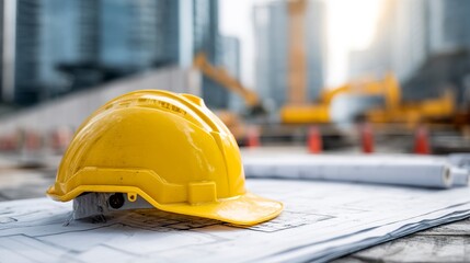 Yellow hard hat placed on building blueprints in active construction zone  