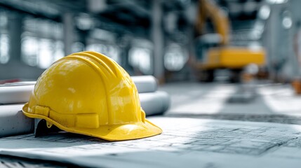 Yellow hard hat placed on building blueprints in active construction zone  