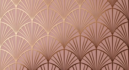 Seamless Art Deco style background pattern featuring metallic gold fan shapes layered over a dusty rose or muted pink color backdrop, ideal for luxury design and retro concept
