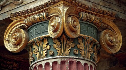 Zoomed-in architectural detail of a classical Ionic column with richly painted features and historical accuracy 