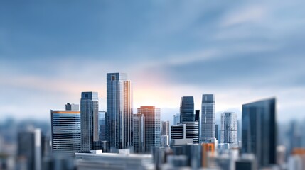 Obraz premium Modern city skyline with numerous tall skyscrapers against a blue sky at sunrise Downtown urban landscape view