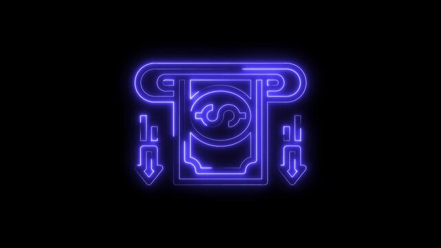 Neon style dollar bill atm withdrawal sign animation on black background