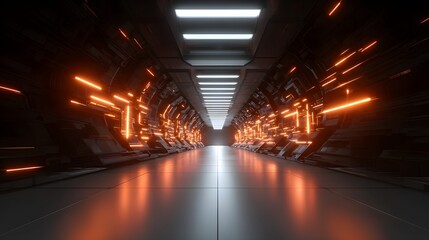 Dark futuristic tunnel features glowing orange streaks on metallic walls Bright white ceiling lights illuminate a