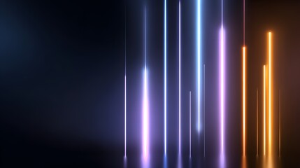 Vertical glowing neon light lines in blue purple and orange against a dark background with reflections