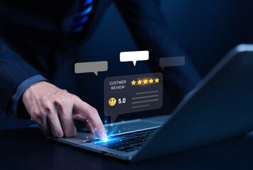 Customer review and online rating concept with five star feedback, digital marketing, user experience, and business reputation management for e-commerce, service, and brand strategy.