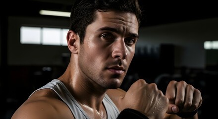 Close-up of a sweaty, determined young man with his fists raised in a fighting stance, ready for a boxing or martial arts workout in a gym