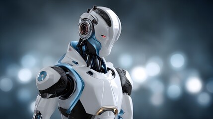 Futuristic white robot with sleek blue accents and a prominent red glowing eye against a blurred bokeh background