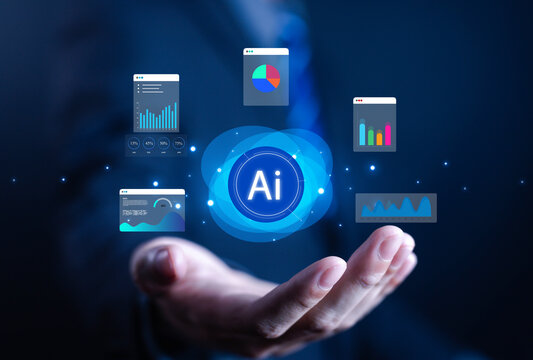 Artificial intelligence with digital data visualization, analytics dashboard, and futuristic technology innovation for business strategy, financial analysis, and modern digital transformation.