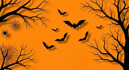 A Halloween Background with Bats, Spiders and Bare Trees on Orange Night Sky