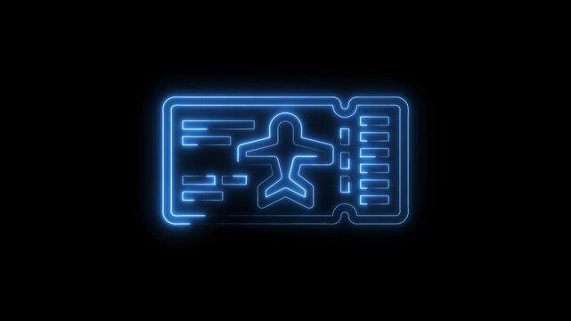 Glowing blue neon airplane ticket icon on black background for airline and travel promotion