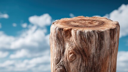 Vertical timber log against a blue sky nature scene close-up view conceptual image for eco-friendly themes