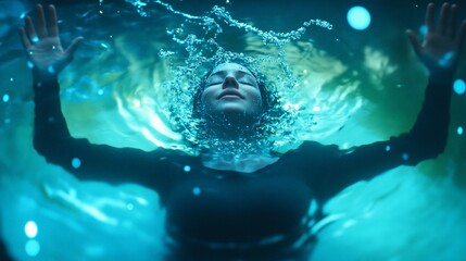 Woman floats in turquoise water, serene expression, glowing particles