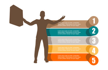 Happy businessman celebrates success standing with briefcase and rise his hands up. Infographic with five features or option of project to select. Finance, economy, professional occupation and career.