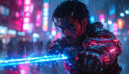 A warrior with neon armor battling in the rain cyberpunk fantasy, cinematic illustration.