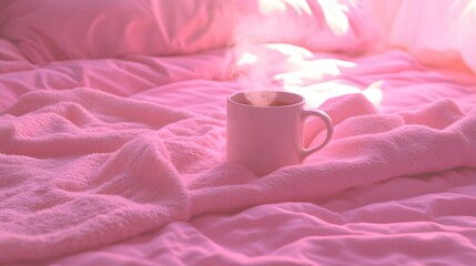Pink Aesthetic A steaming cup on the cozy bed, concept relaxation