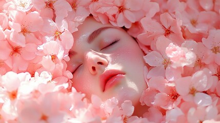 Woman sleeping in cherry blossoms, spring day, beauty, skincare