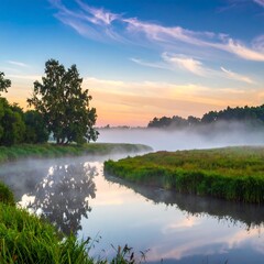 Misty river sunrise landscape