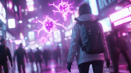 Woman walks city night, virus threat. Cyberpunk future