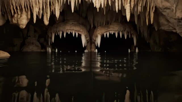 Eerie Underground Cavern With Mysterious Water And Stalactite Formations