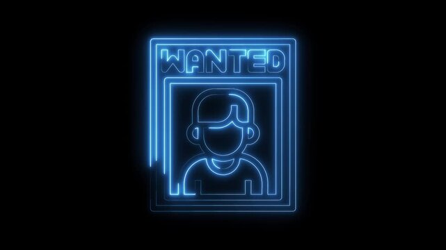 Animated wanted poster with neon glow outlines on a black background depicting criminality