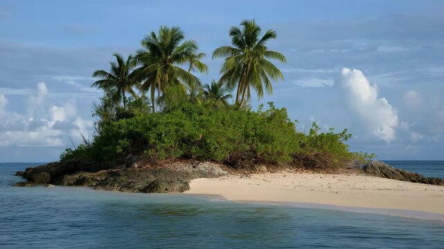 A serene tropical island with lush greenery and palm trees bordered by crystal clear waters, offering an idyllic escape and paradise-like ambiance for relaxation and adventure.