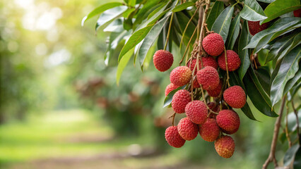 Closeup of ripe lychees hanging on a tree branch in a tropical garden