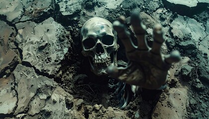 A skeleton reaching out from cracked earthfantasy horror, gothic illustration.