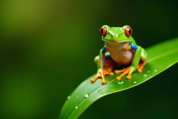 Fototapeta premium Vibrant Green Frog Perched on Dew-Kissed Leaf in Lush Foliage