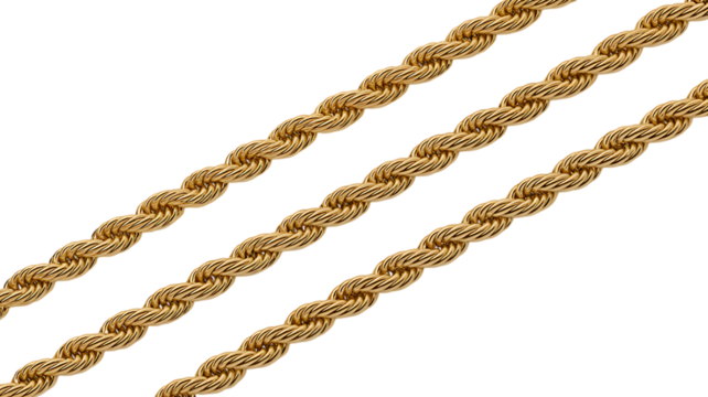 Gleaming gold rope chain pattern with iridescent highlights abstract texture diagonal lines isolated on transparent background