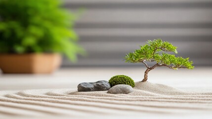 Zen garden miniature tree, sand, stones, tranquility, wellness