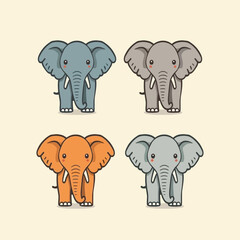 Four cute cartoon elephants in various colors, standing on a light background, depicted in a simple, stylized illustration.