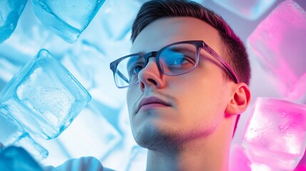 Young man, ice cubes, neon light, studio, concept