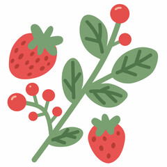 Strawberry Branch Illustration in Flat Style for Botanical Design