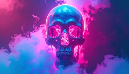 A neon skull floating in fogcyberpunk horror surreal illustration.