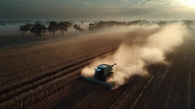Harvest Time: A combine harvester carves its path through a field of golden wheat under the diffused light of a misty morning. The scene encapsulates the essence of agriculture.